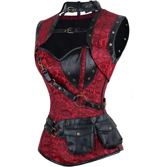 Women First Red Steampunk Vintage Spiral Steel Boned Corset Bustier - Picture 2 of 7
